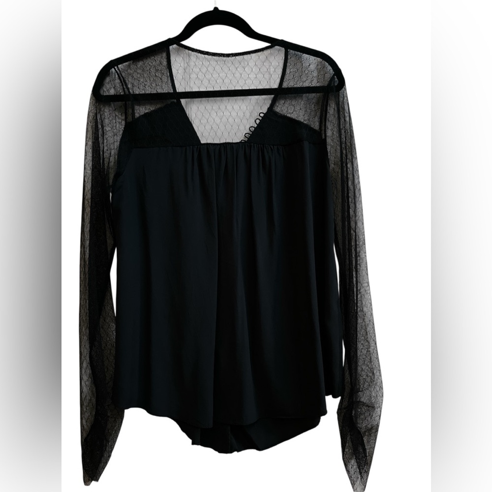 BCBGMaxAzria Black Sheer Mesh Sleeve Polka Dot Blouse Top Dark Academia M Work - Picture 3 of 7